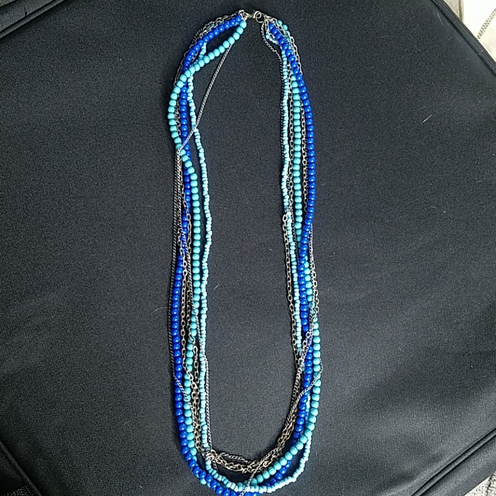 Blue beaded and silver chain necklace